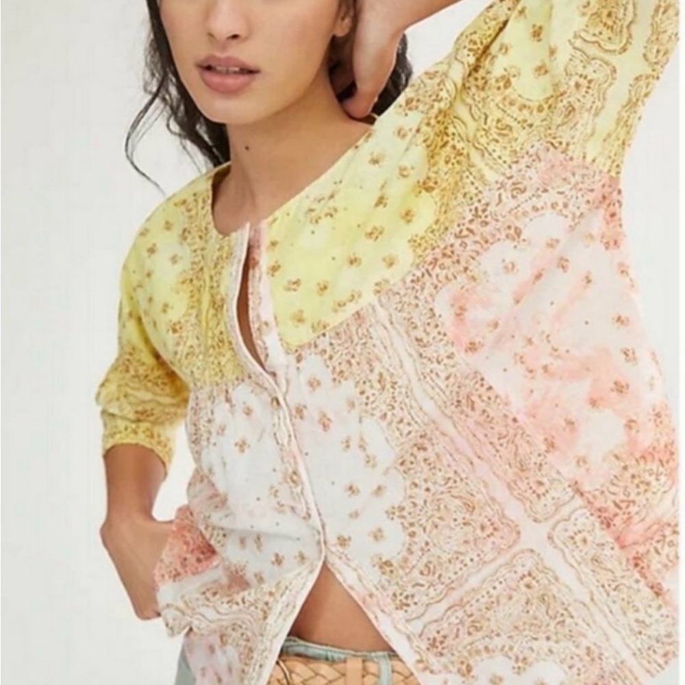 Pilcro Anthropologie Tavi Blouse Bandana Print Cotton Gauze Boho Top Yellow Pink